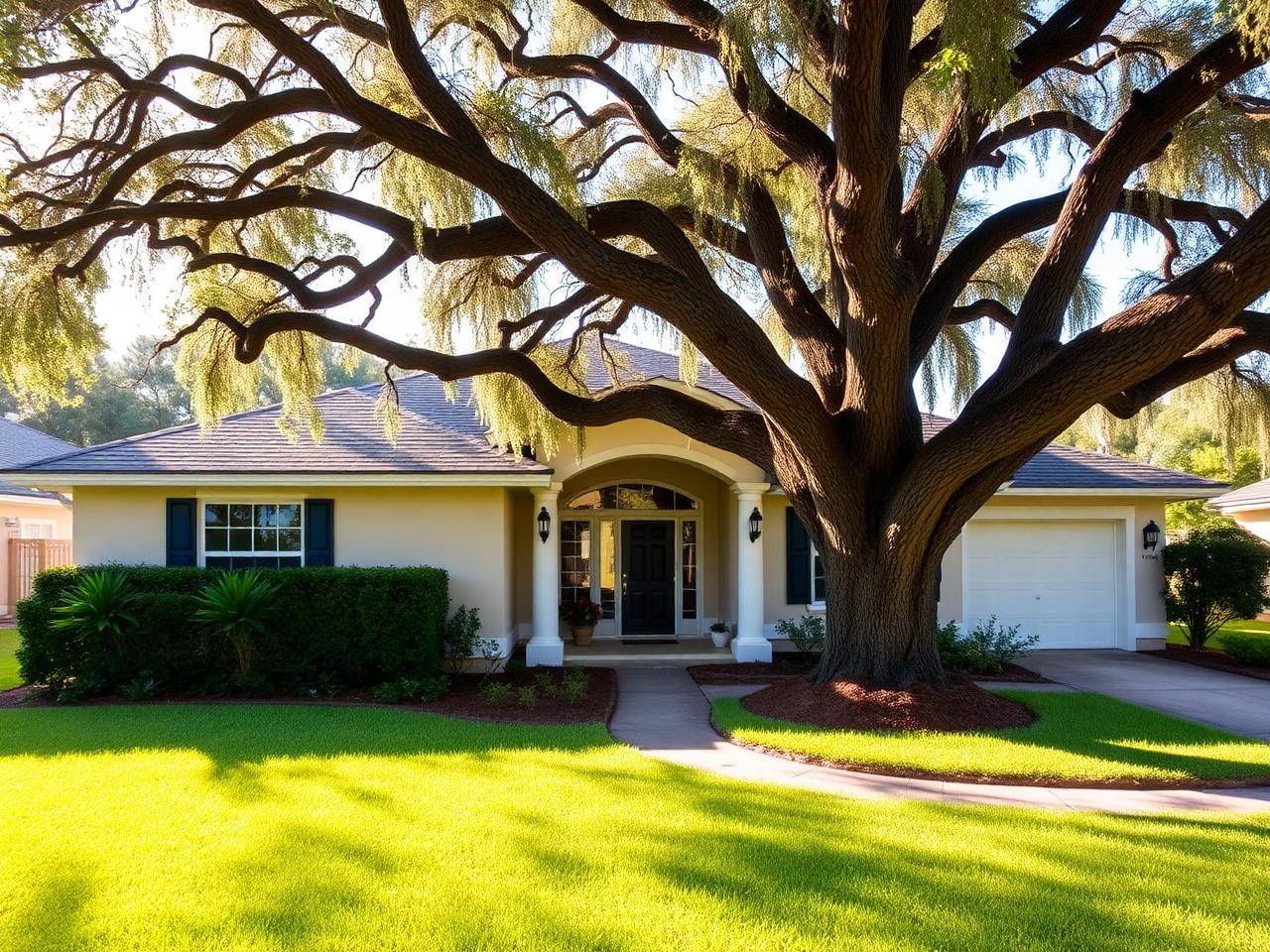 A long-term rental home shaded by an oak